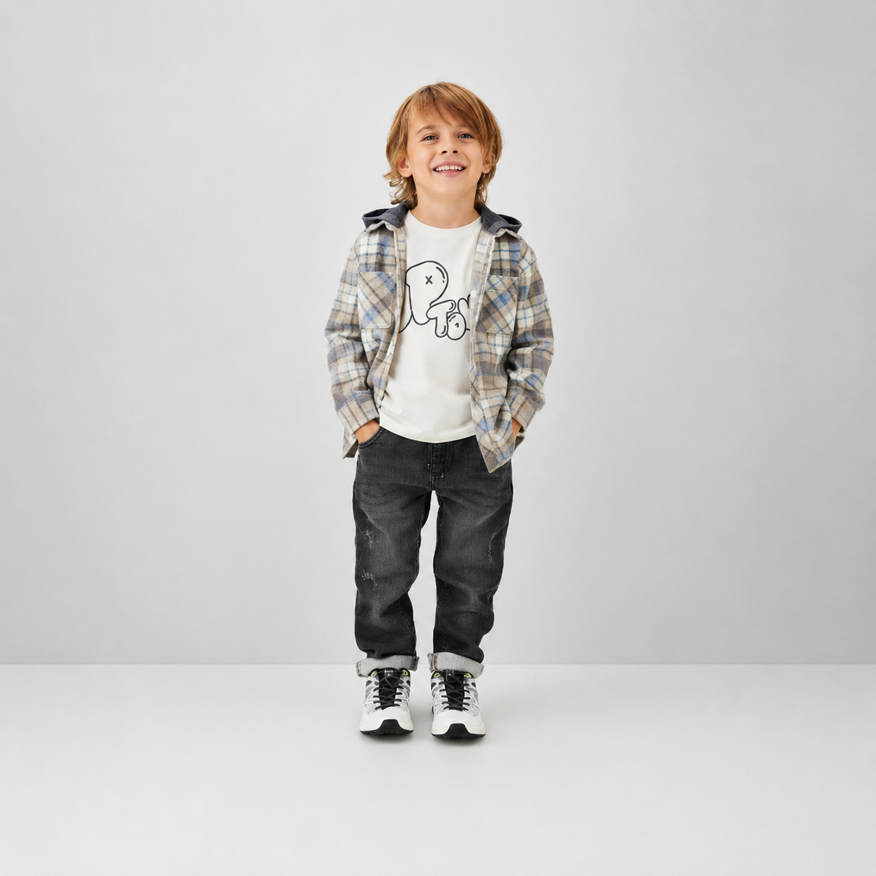 iDO Karohemd mit Kapuze – Beige/Blau
