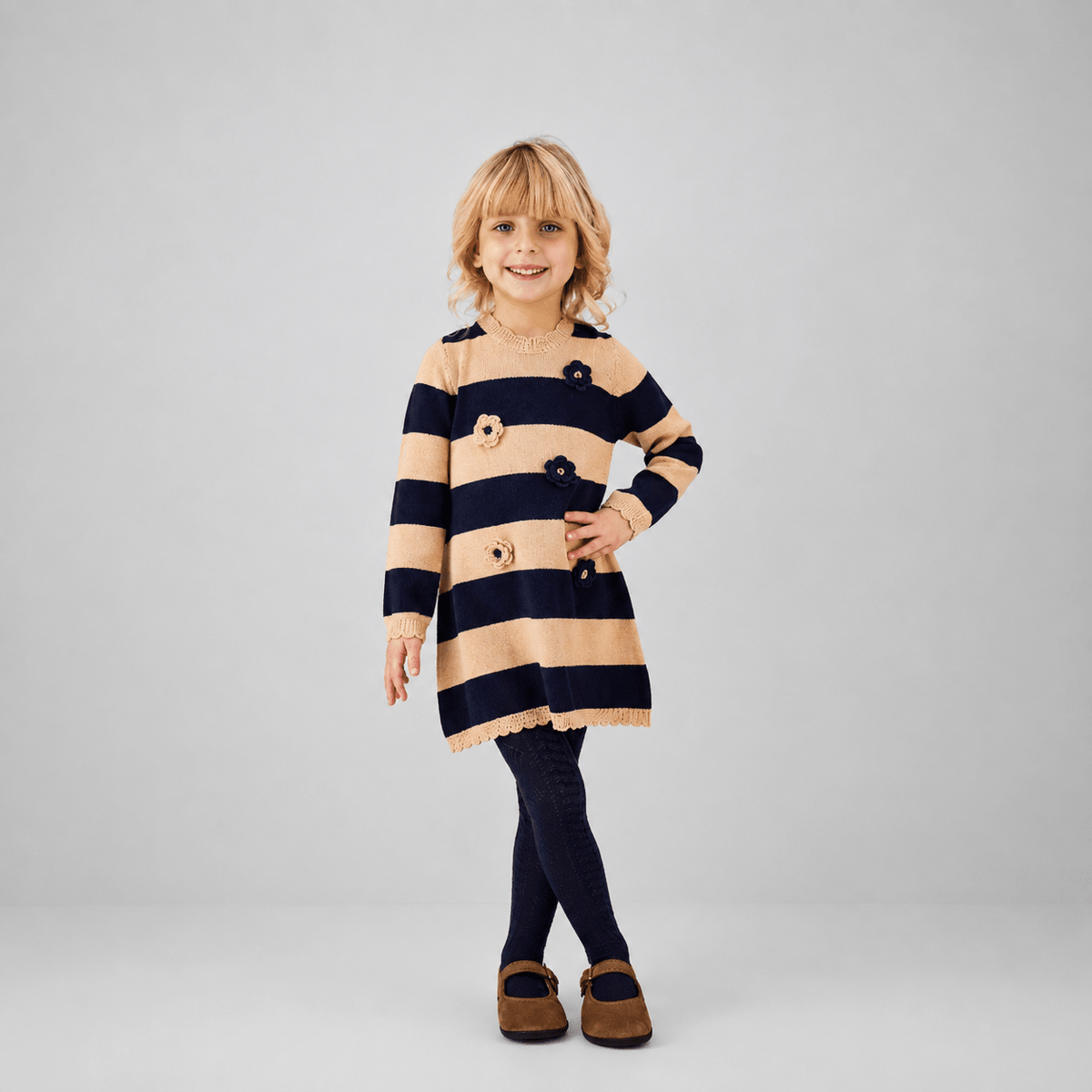 iDO Strickkleid mit Streifen & Blumen-Applikationen – Beige/Navy - BergBiber GmbH