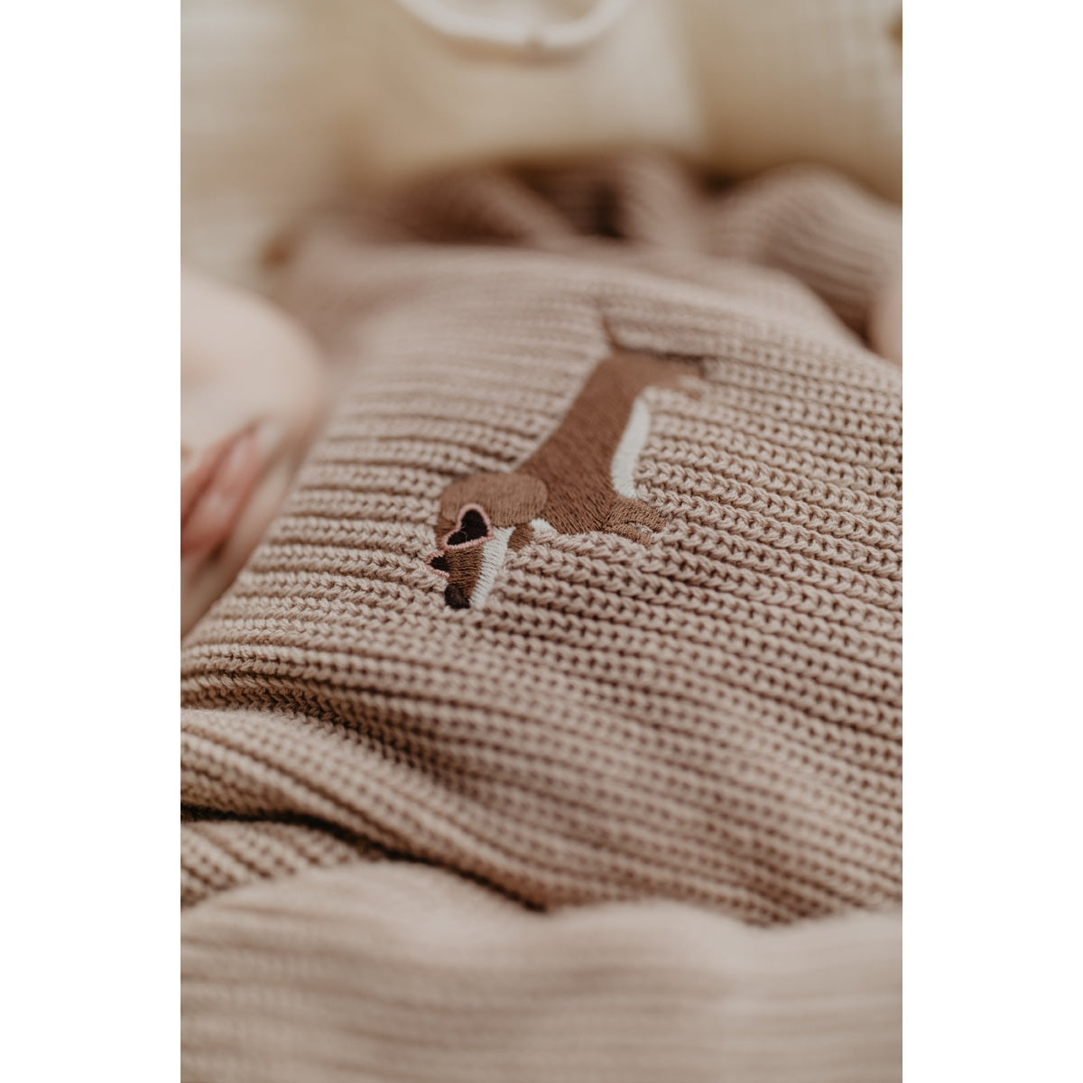 Baby Chunky-Strickpullover „Dog“ – Hundestickerei im Detail