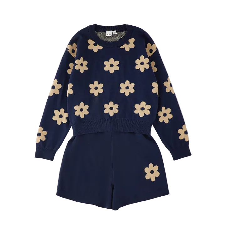 iDO Strickset mit Blumenmuster – Navy/Beige