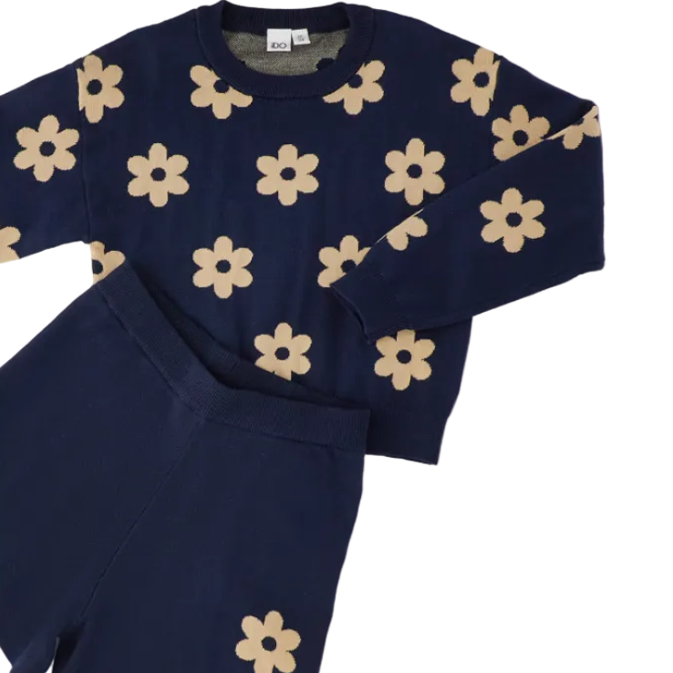 iDO Strickset mit Blumenmuster – Navy/Beige