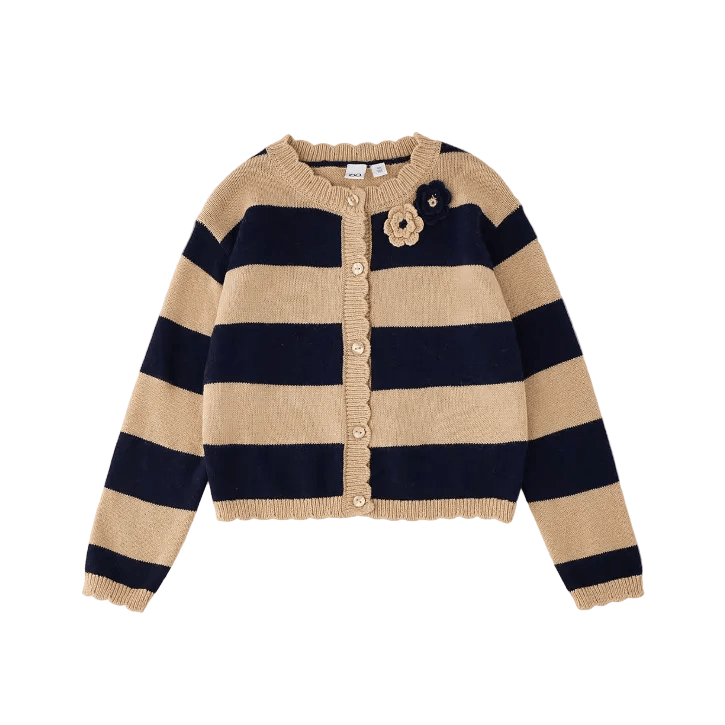 iDO Strickjacke mit Streifen & Blumen-Applikationen – Beige/Navy - BergBiber GmbH
